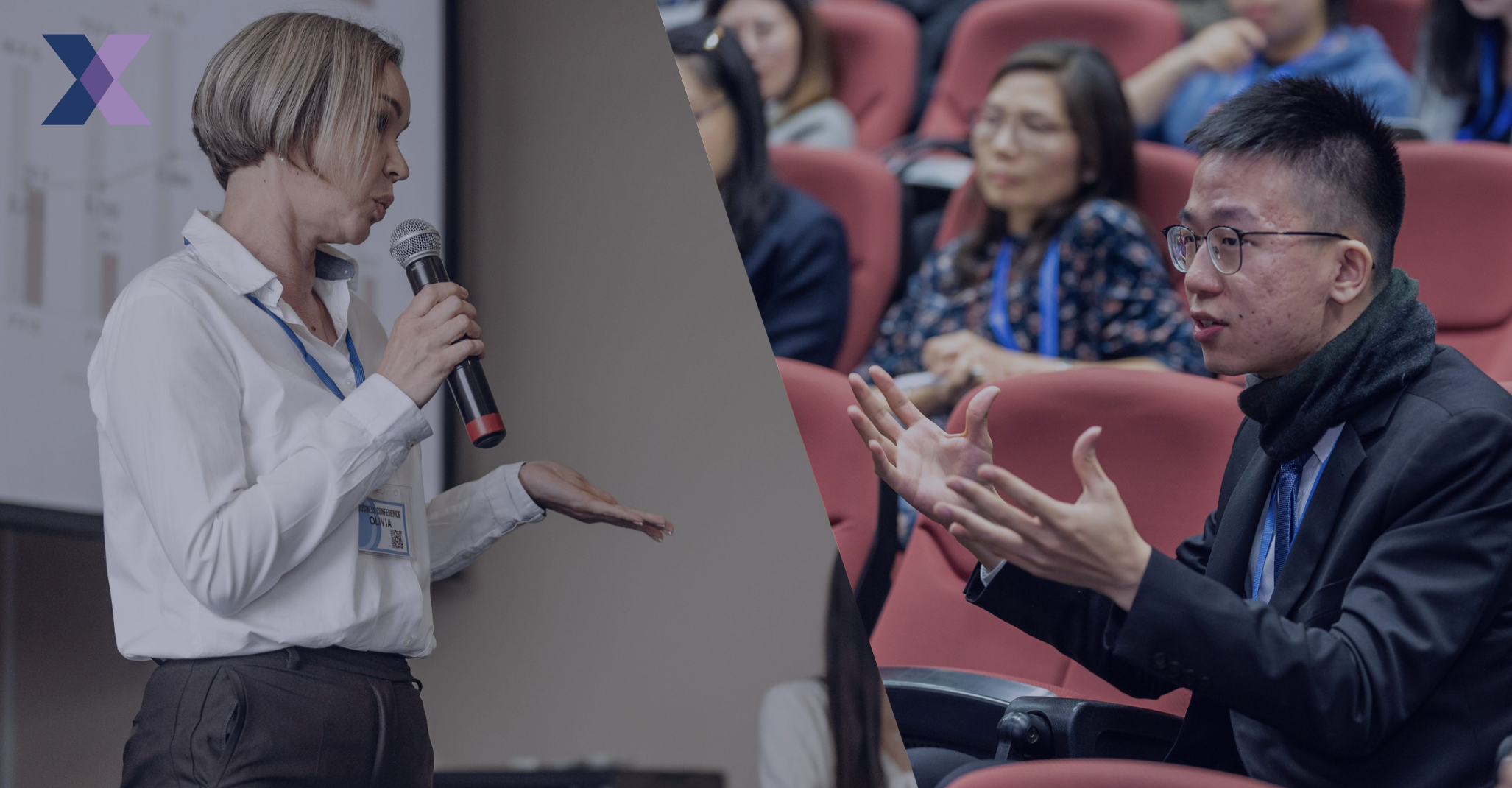 A women on a mic and a person at an event to represent issuers and investors