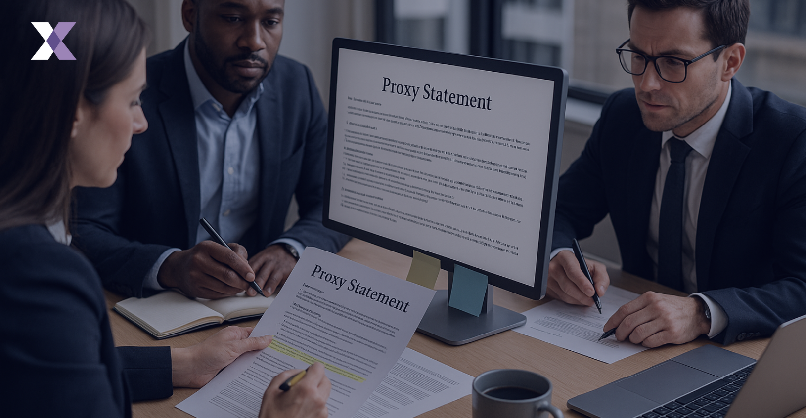 Three executives trying to read a proxy statement