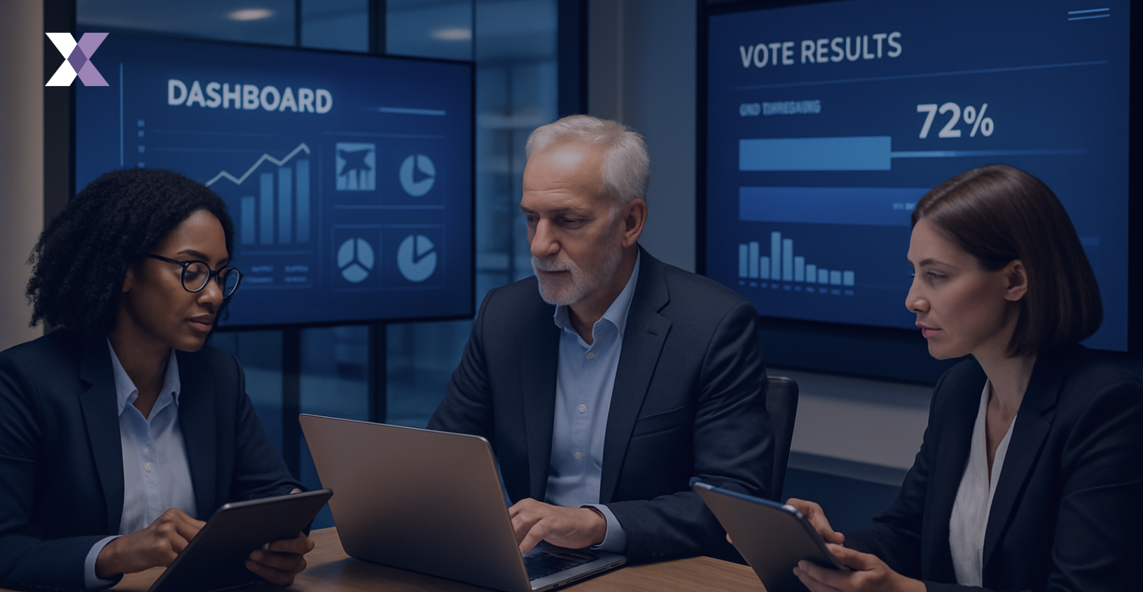 Three managers in a room discussing voting data