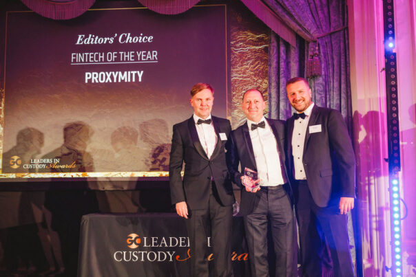 Nigel, Richard and Andrew collecting the Fintech of the Year award at the Leaders in Custody awards